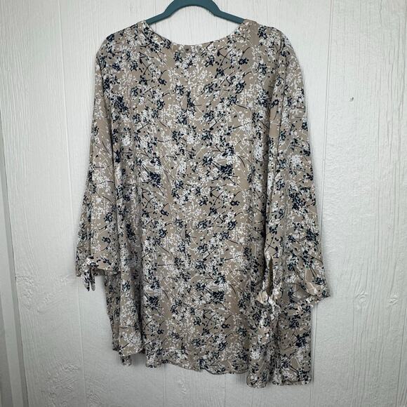 Catherines Button Down Cafe Blouse Women 3/4 Sleeve Size 4X Tan Aqua Floral Top - Picture 2 of 9
